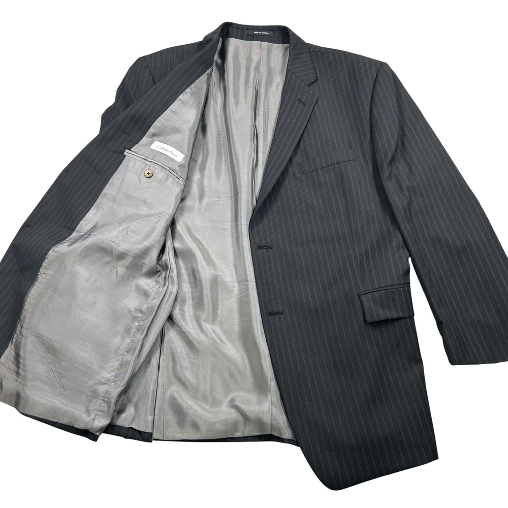 Calvin Klein Mens 48R Wool Pinstripe Suit Jacket Blazer Charcoal  black FLAWS!